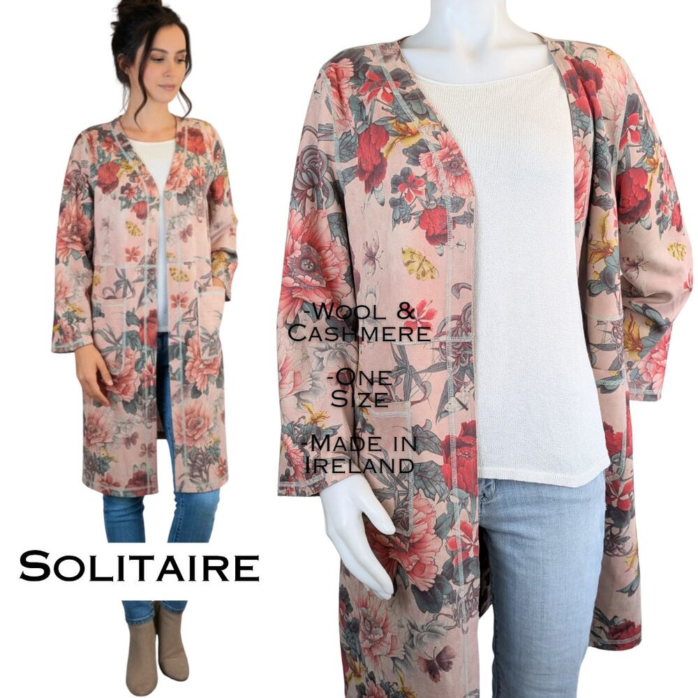 Solitaire Duster Jacket Medium Pink Floral Faux Suede Open Front Pockets Boho